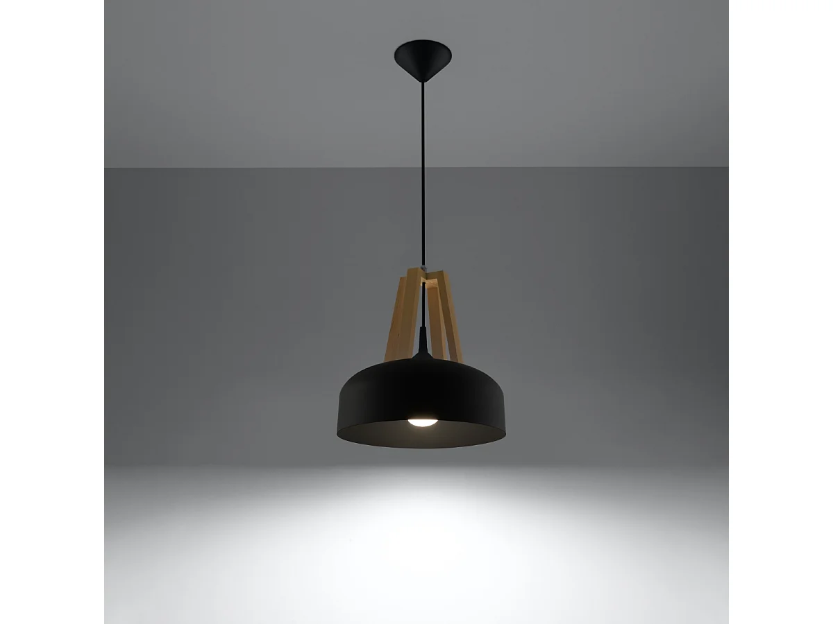 Lampes suspendues Solivo moderne en acier/bois - 1 sources lumineuses 4000K - L.30 x H.85 cm - noir/bois naturel