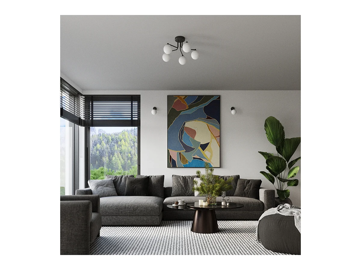 Lustre Bealy minimaliste en acier/verre - 5 sources lumineuses 3000K - L.58 x H.29 cm - noir/blanc