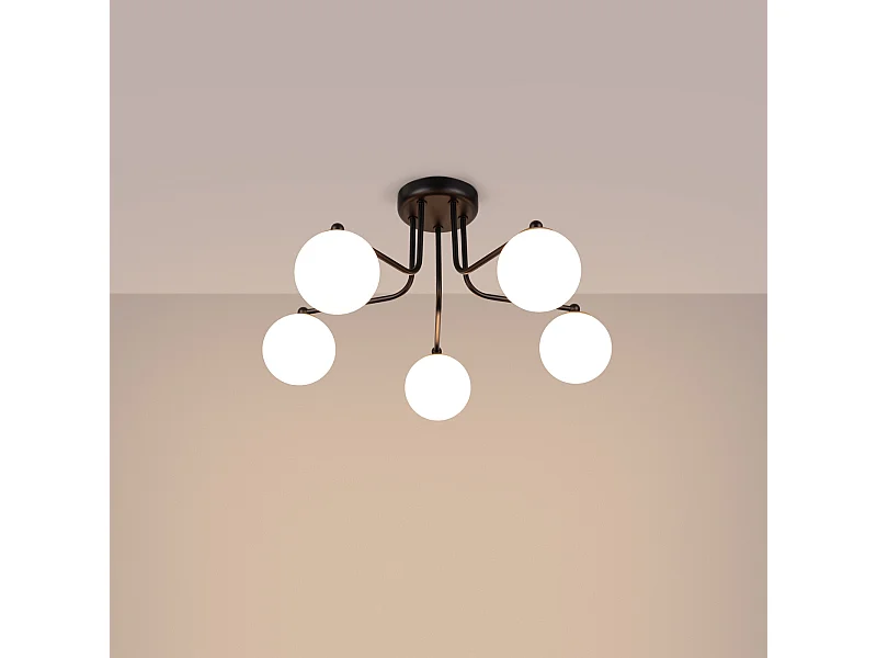 Lustre Bealy minimaliste en acier/verre - 5 sources lumineuses 3000K - L.58 x H.29 cm - noir/blanc