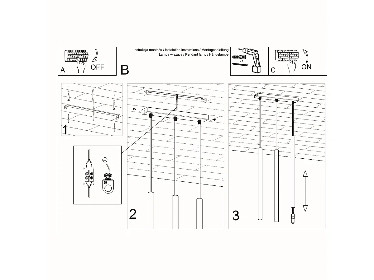 Lampes suspendues Brill moderne en acier - 3 sources lumineuses 3000K - L.30 x H.90 cm - noir