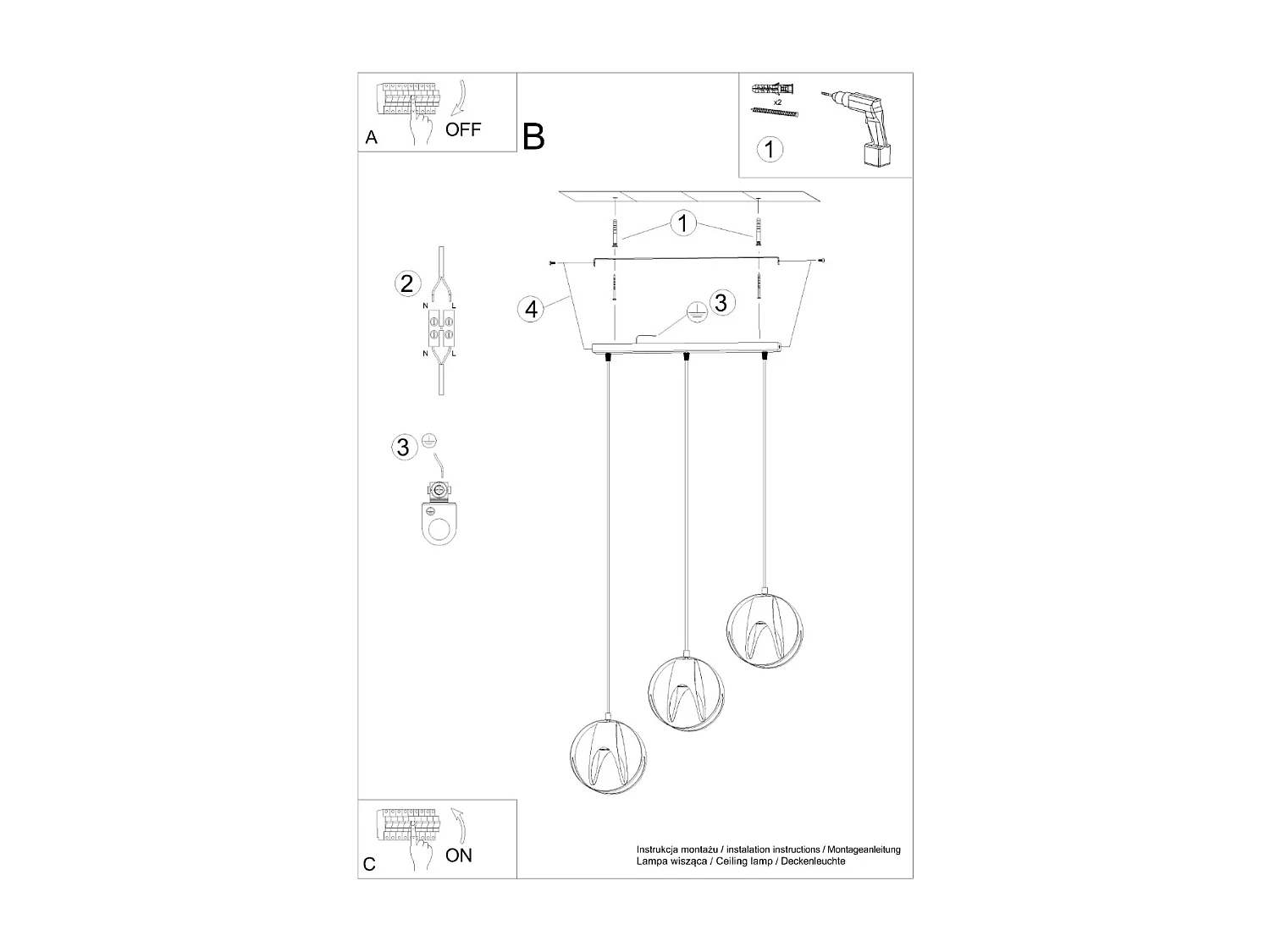 Lampes suspendues Brive moderne en acier - 3 sources lumineuses 4000K - L.50 x H.117 cm - noir