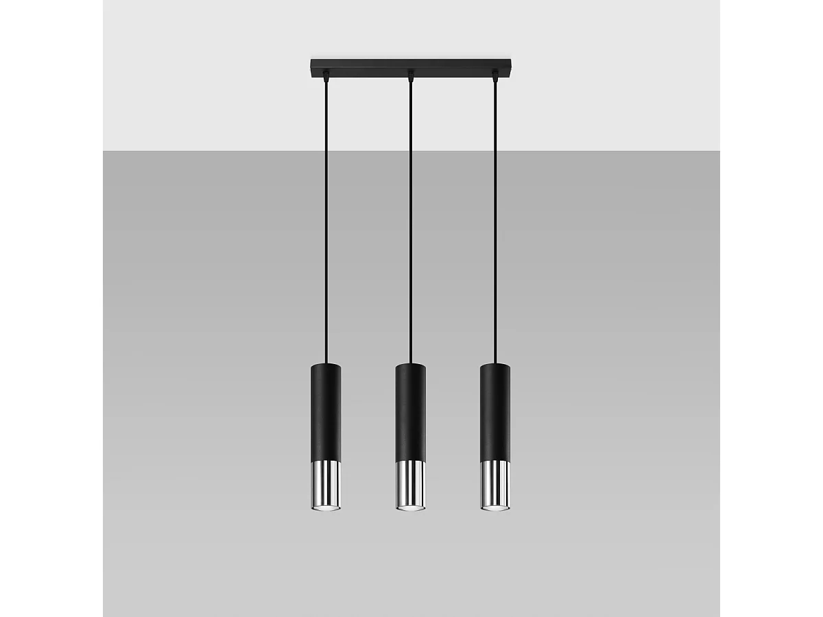 Lampes suspendues Zarpex moderne en acier - 3 sources lumineuses 3000K - L.45 x H.90 cm - noir/chromé