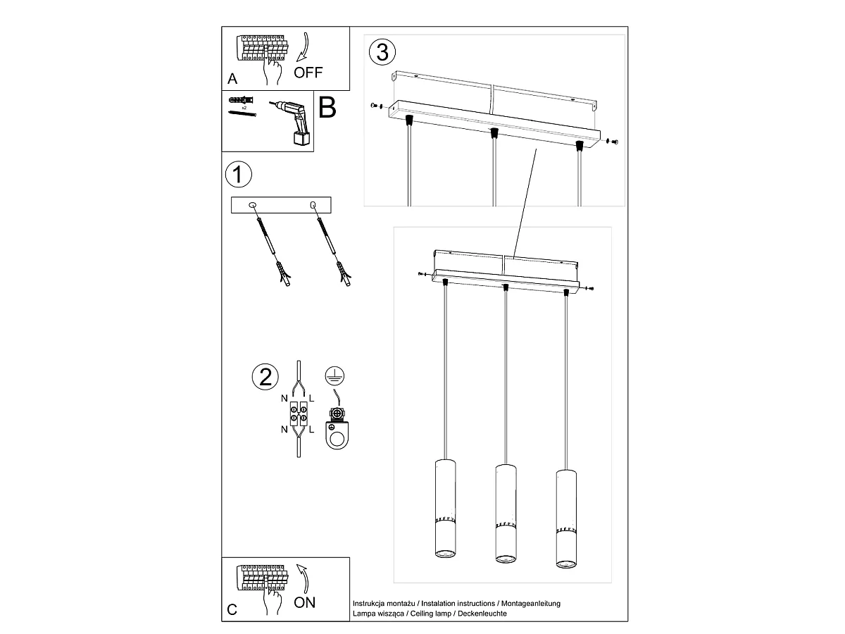 Hanglampen Zarpex modern van  - 3 lichtbronnen 3000K - L.45 x H.90 cm - zwart/chroom