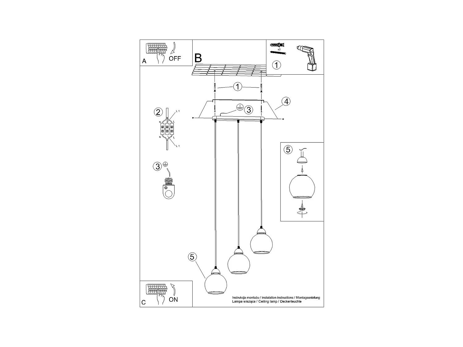 Lampade a sospensione Zelaro moderno di acciaio - 3 sorgenti luminose 3000K - L.45 x A.117 cm - nero