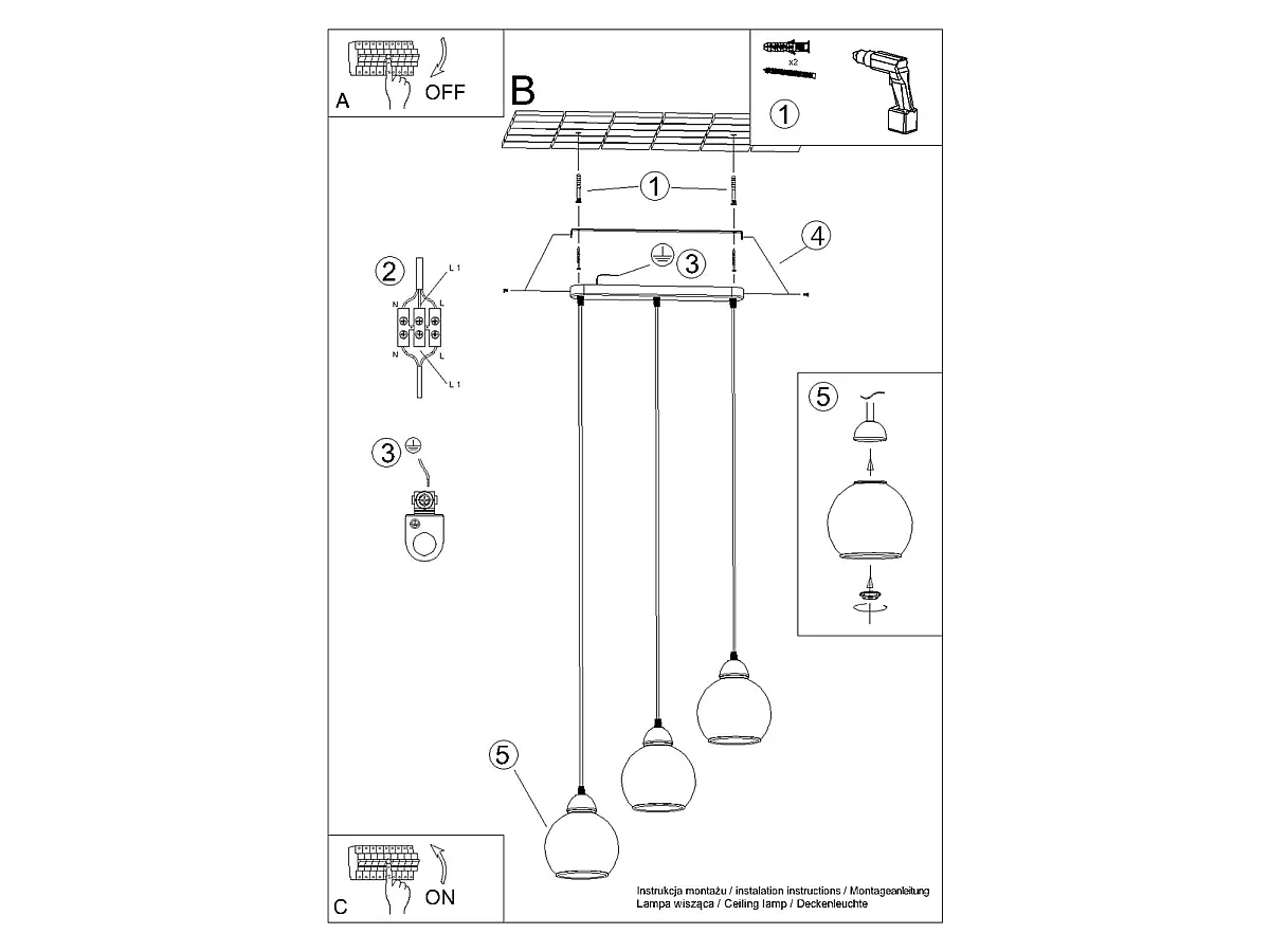 Luminárias pendentes Zelaro moderno, aço - 3 fontes de luz 3000K - L.45 x H.117 cm - preto