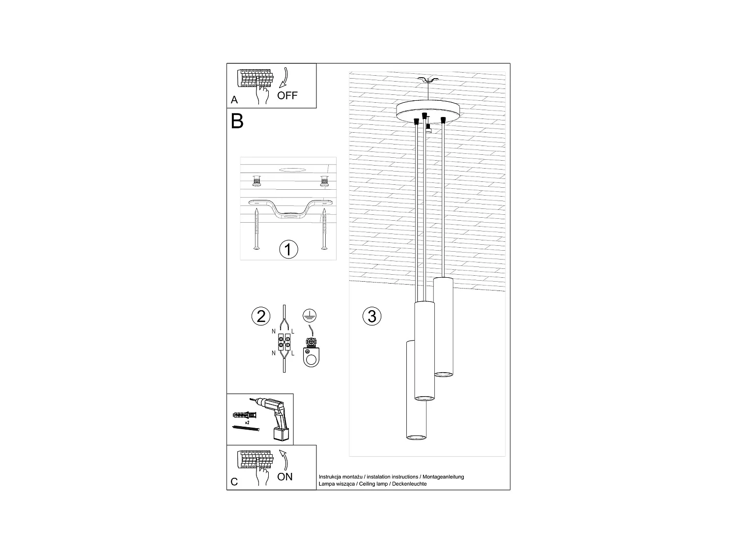 Hanglampen Toris modern van  - 3 lichtbronnen 4000K - L.20 x H.110 cm - zwart