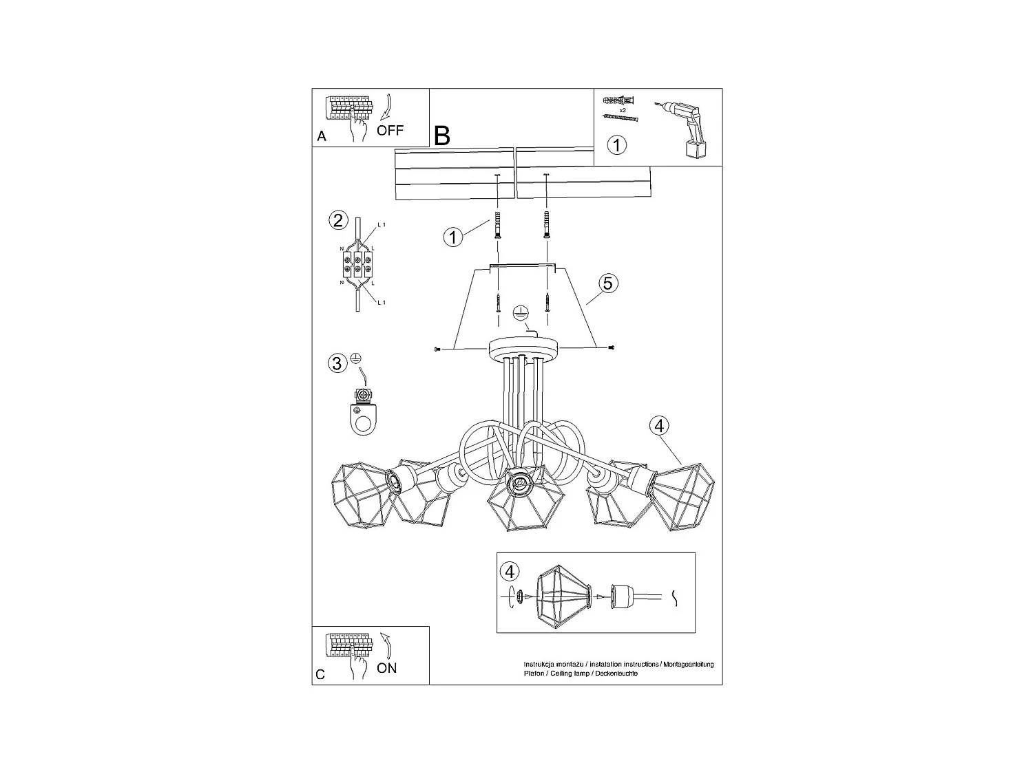 Lustres Lunova moderne en acier - 5 sources lumineuses 4000K - L.58 x H.28,5 cm - noir