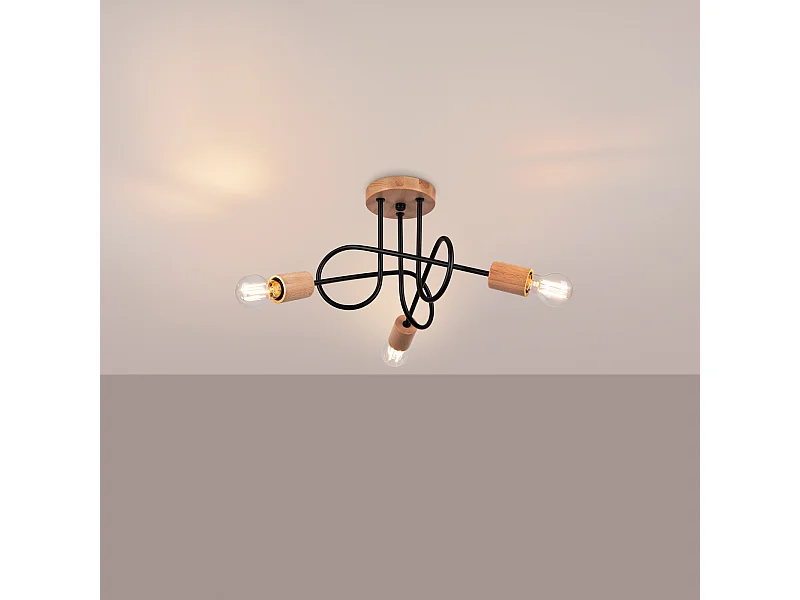 Lustre Sparkon minimaliste en acier/bois - 3 sources lumineuses 3000K - L.14 x H.26 cm - noir/bois naturel