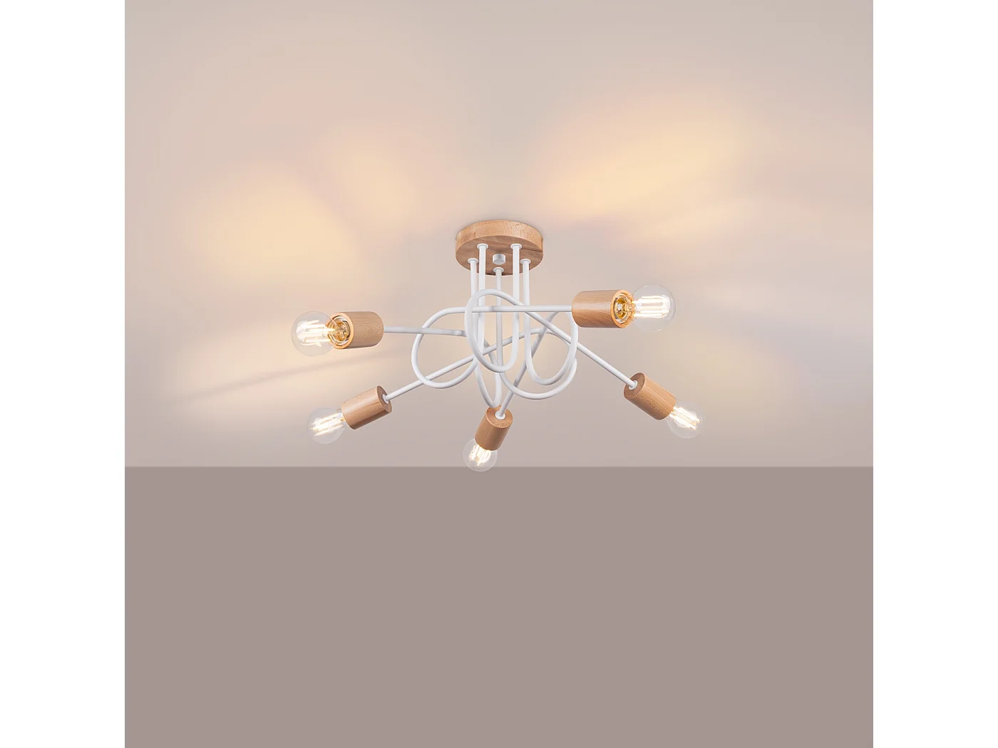 Lustre Sparkon minimaliste en acier/bois - 5 sources lumineuses 3000K - L.15 x H.26 cm - blanc/bois naturel