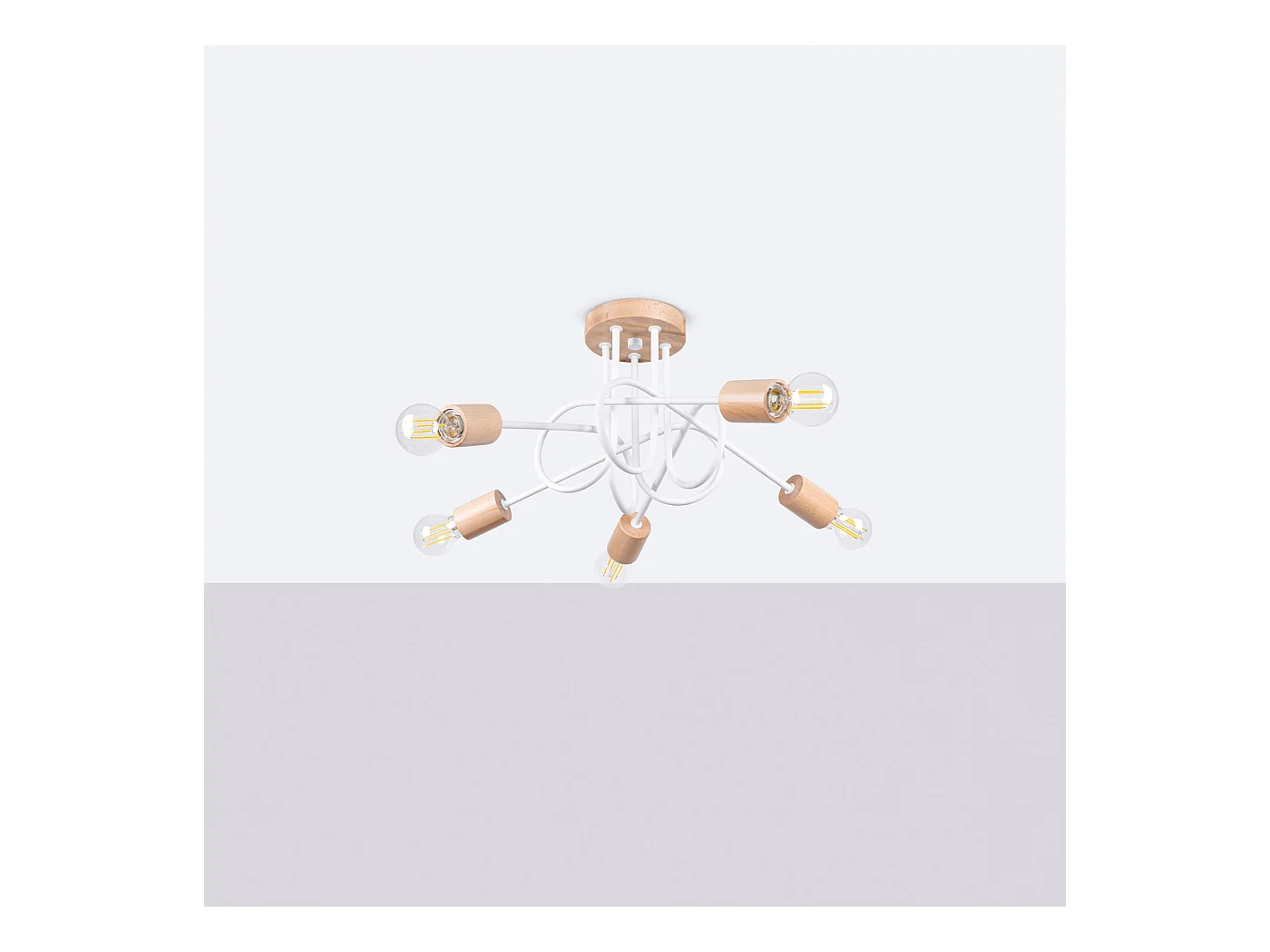 Lustre Sparkon minimaliste en acier/bois - 5 sources lumineuses 3000K - L.15 x H.26 cm - blanc/bois naturel