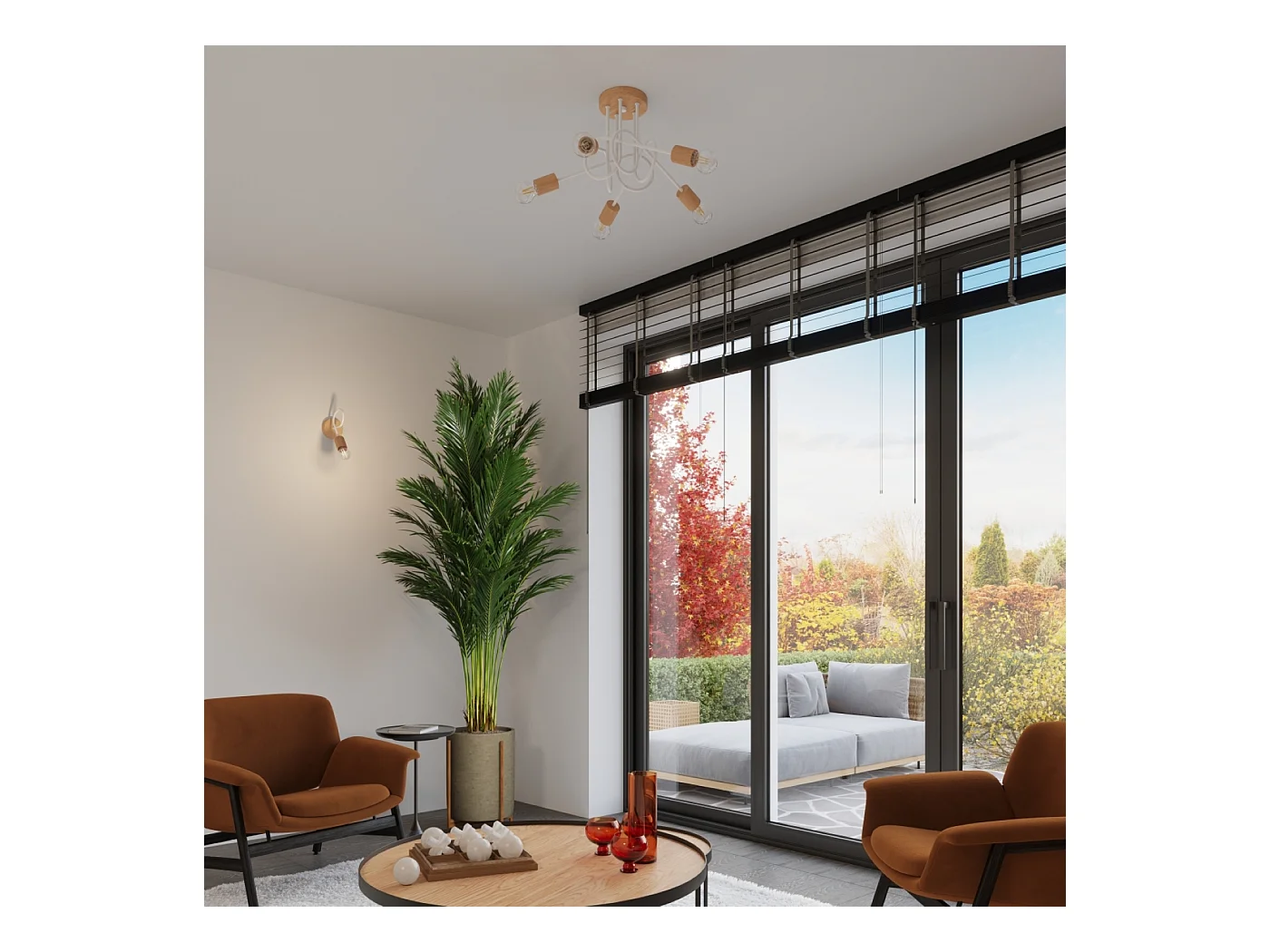 Lustre Sparkon minimaliste en acier/bois - 5 sources lumineuses 3000K - L.15 x H.26 cm - blanc/bois naturel