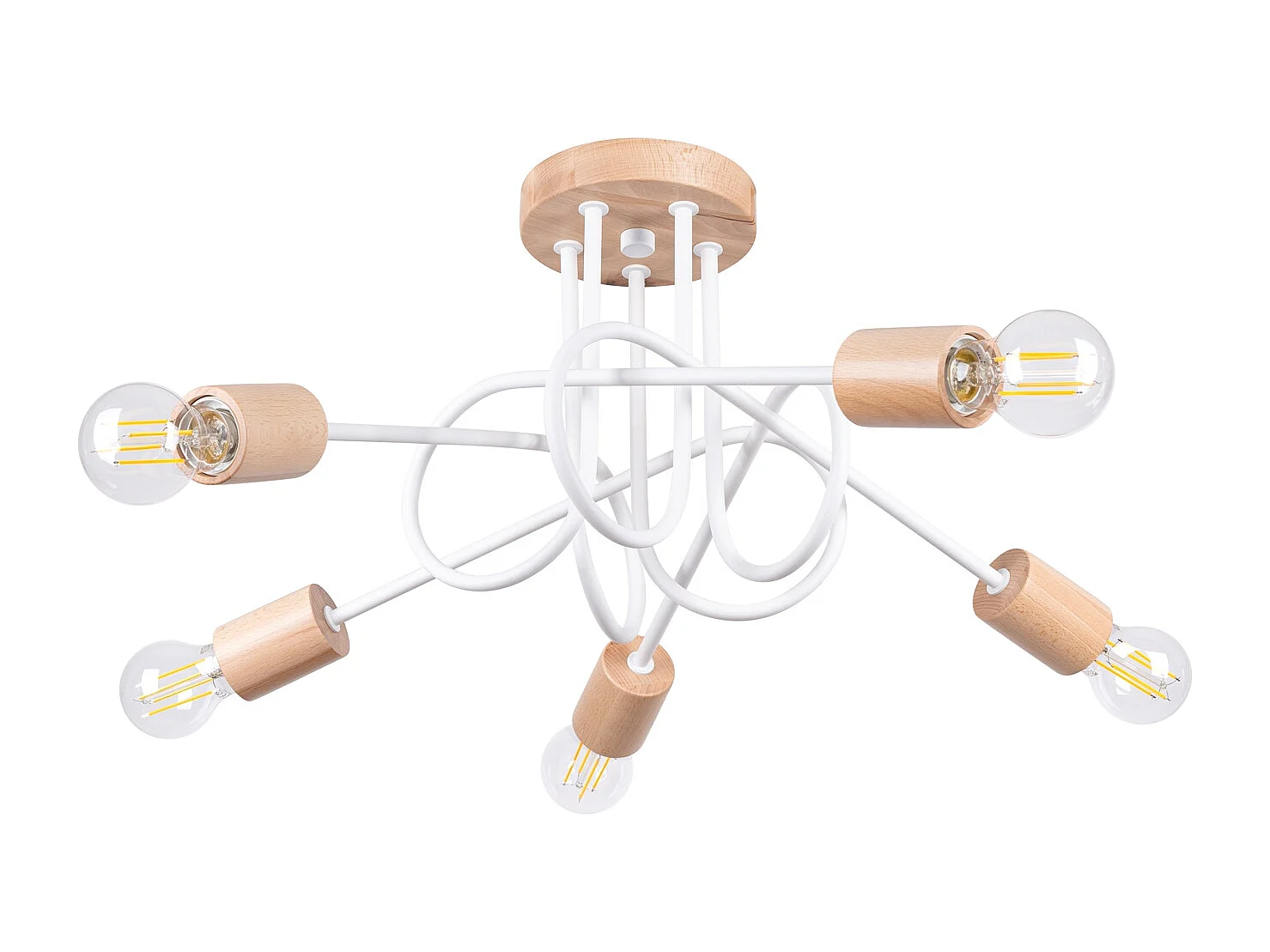 Lustre Sparkon minimaliste en acier/bois - 5 sources lumineuses 3000K - L.15 x H.26 cm - blanc/bois naturel