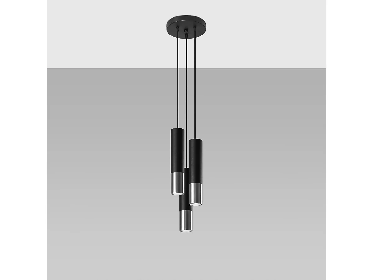 Lampes suspendues Zarpex moderne en acier - 3 sources lumineuses 3000K - L.20 x H.90 cm - noir/chromé