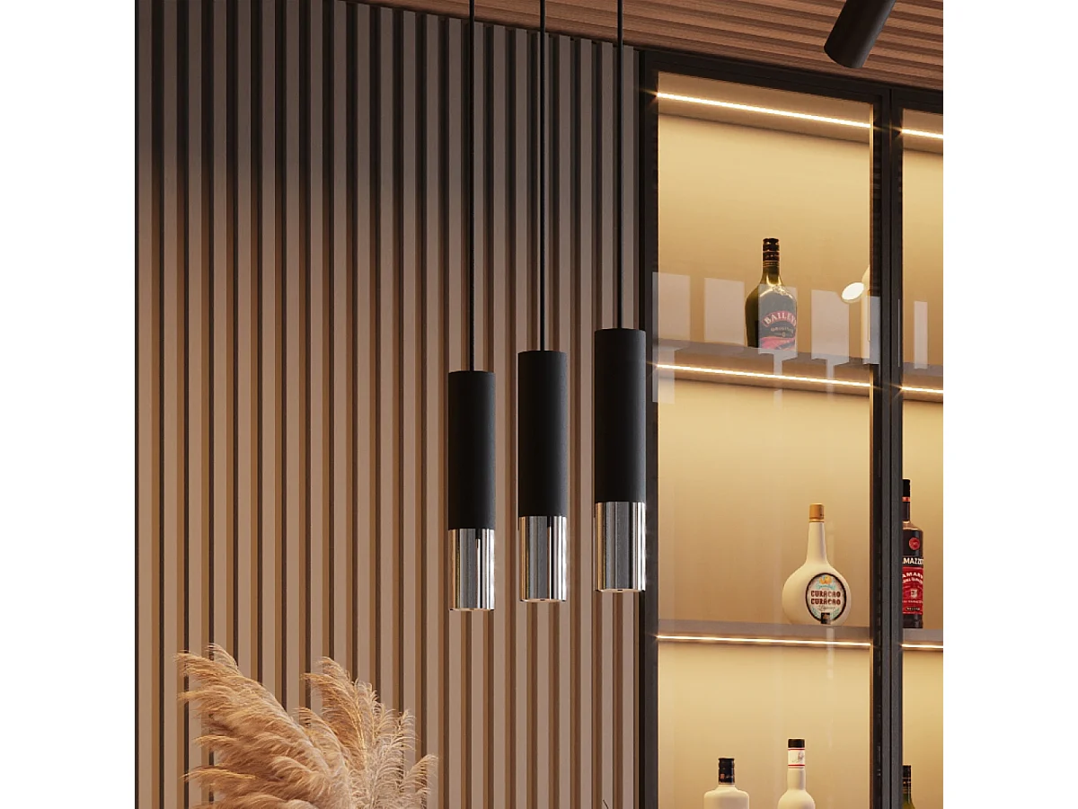 Lampes suspendues Zarpex moderne en acier - 3 sources lumineuses 3000K - L.20 x H.90 cm - noir/chromé