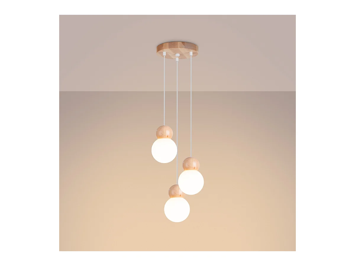 Lampes suspendues Torch scandinave en verre/bois - 3 sources lumineuses 3000K - L.31 x H.124 cm - blanc/bois naturel
