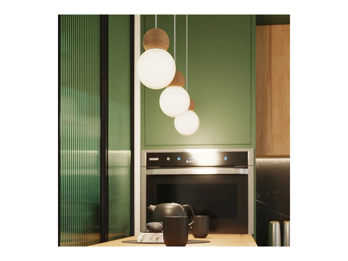 Lampes suspendues Torch scandinave en verre/bois - 3 sources lumineuses 3000K - L.31 x H.124 cm - blanc/bois naturel