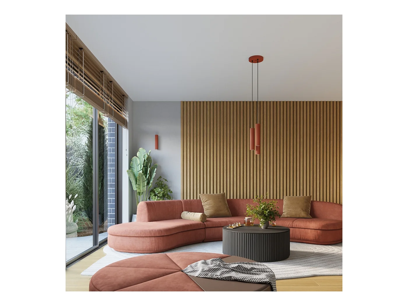 Hanglamp Gloow minimalistisch van  - 3 lichtbronnen 3000K - L.19,5 x H.108 cm - rode oker