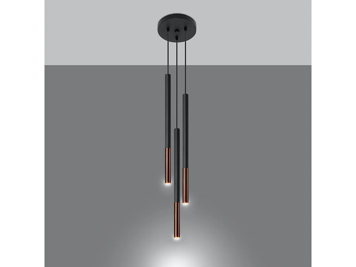 Lampes suspendues Flar moderne en acier - 3 sources lumineuses 4000K - L.20 x H.90 cm - noir/cuivre