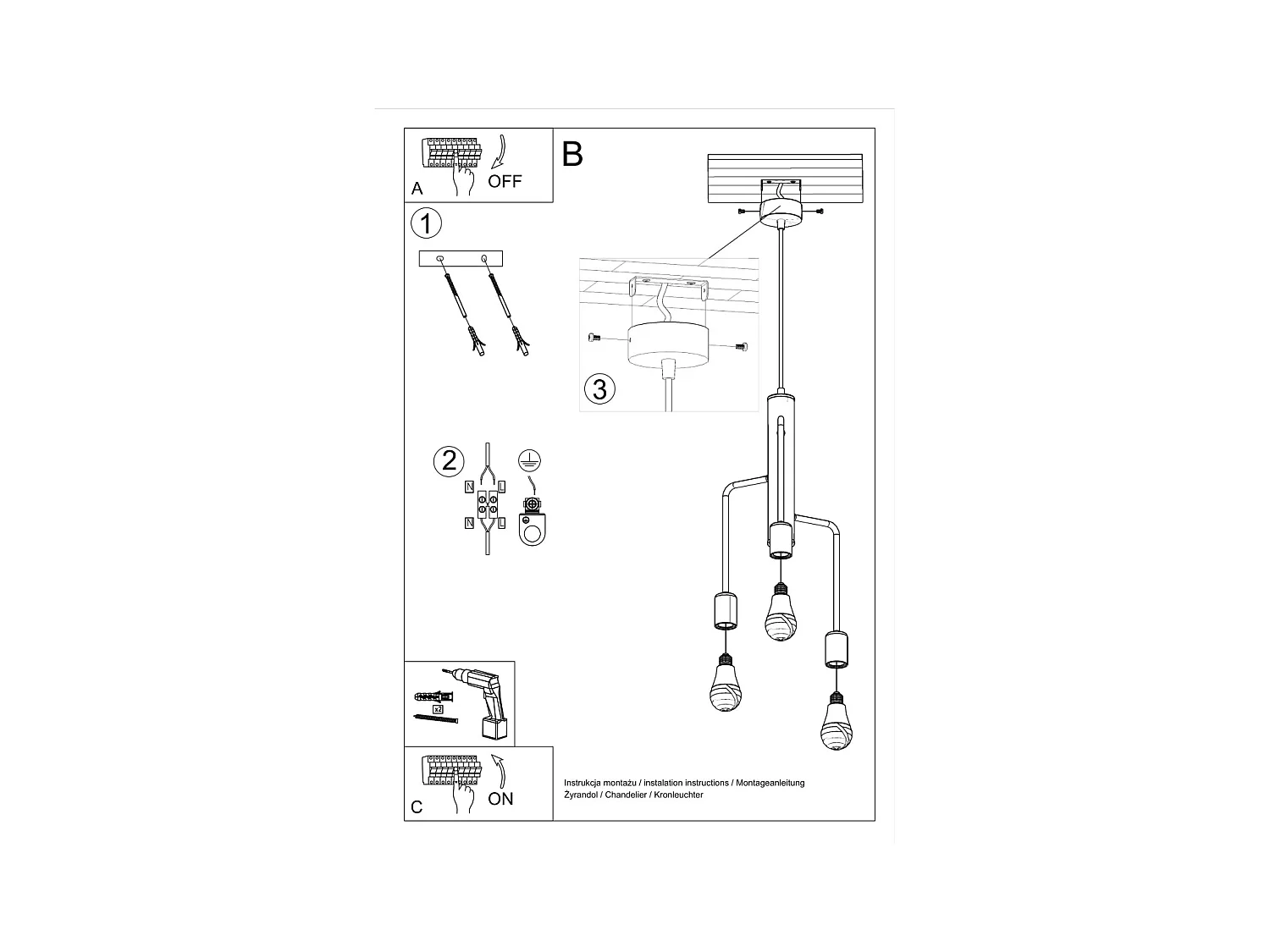 Kroonluchters Luxra zolder van  - 3 lichtbronnen 4000K - L.25 x H.100 cm - zwart