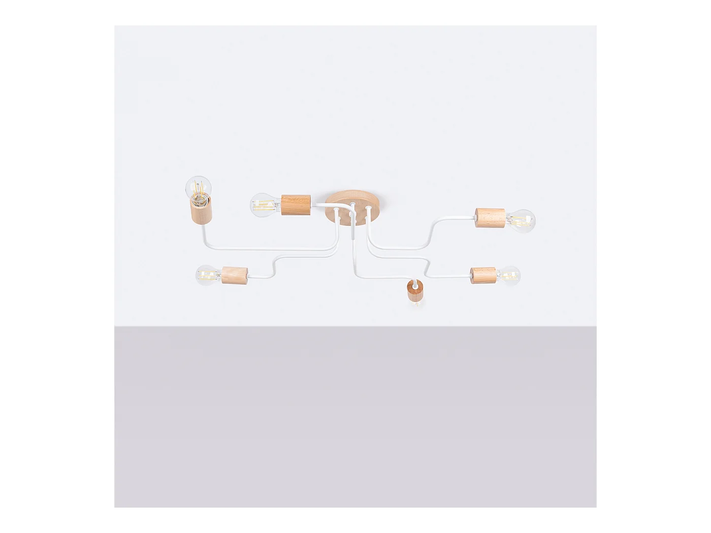 Lustre Zimbo grenier en acier/bois - 6 sources lumineuses 3000K - L.85 x H.16,5 cm - blanc/bois naturel