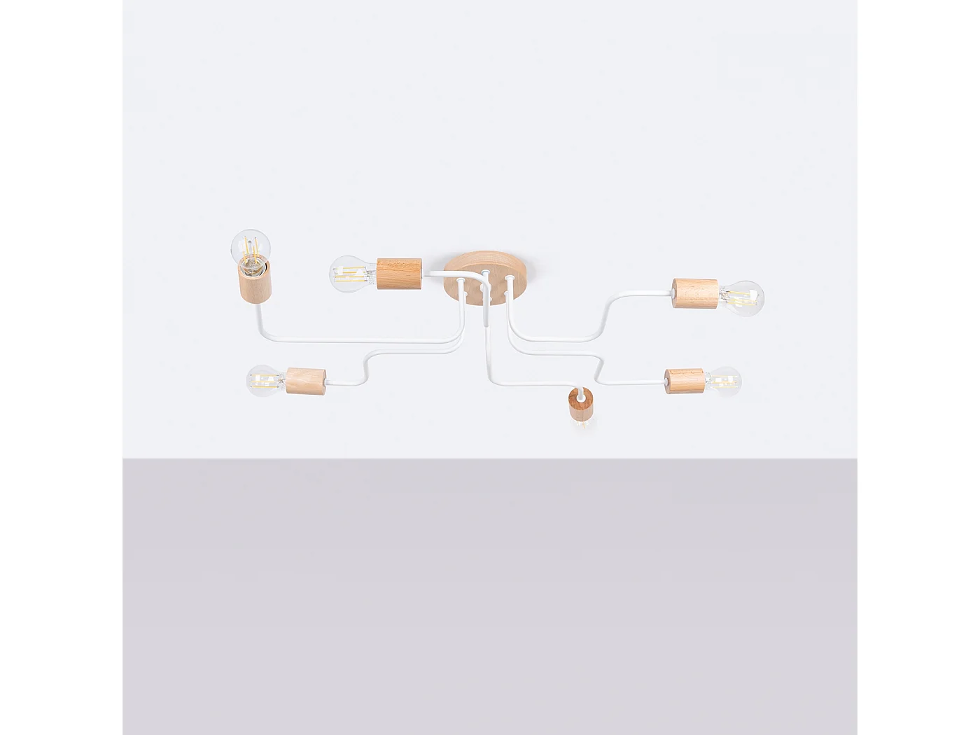 Lustre Zimbo grenier en acier/bois - 6 sources lumineuses 3000K - L.85 x H.16,5 cm - blanc/bois naturel