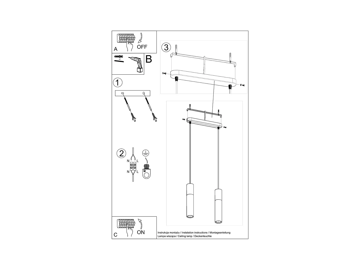 Lampade a sospensione Lume moderno di acciaio/cemento - 2 sorgenti luminose 4000K - L.30 x A.90 cm - nero/grigio