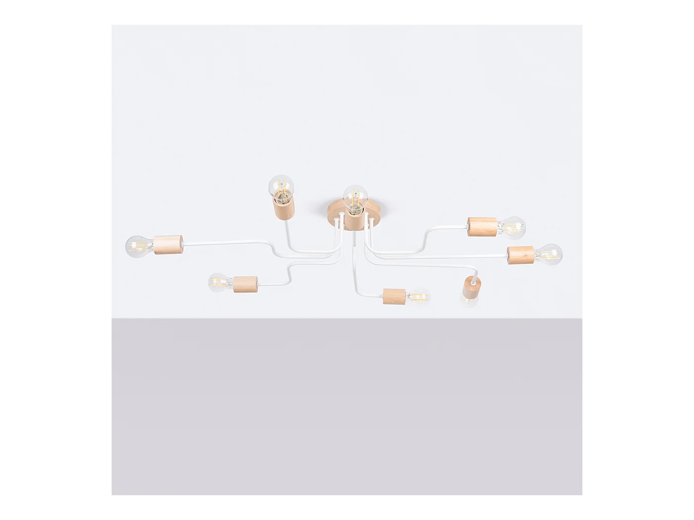 Lustre Zimbo grenier en acier/bois - 8 sources lumineuses 3000K - L.100 x H.16,5 cm - blanc/bois naturel