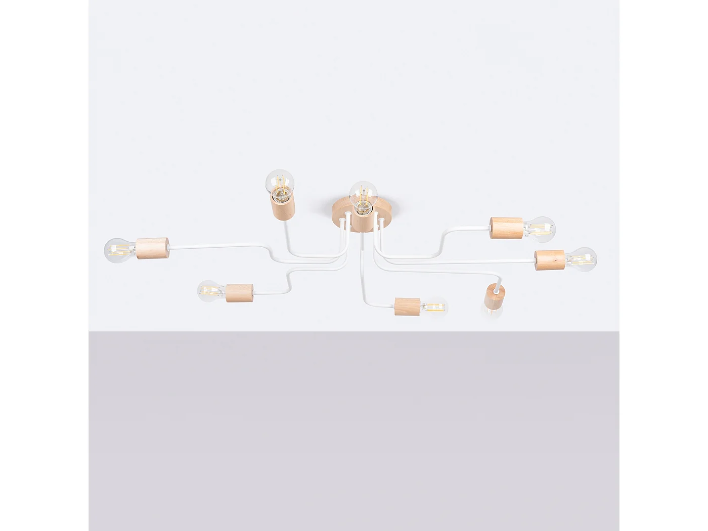 Lustre Zimbo grenier en acier/bois - 8 sources lumineuses 3000K - L.100 x H.16,5 cm - blanc/bois naturel