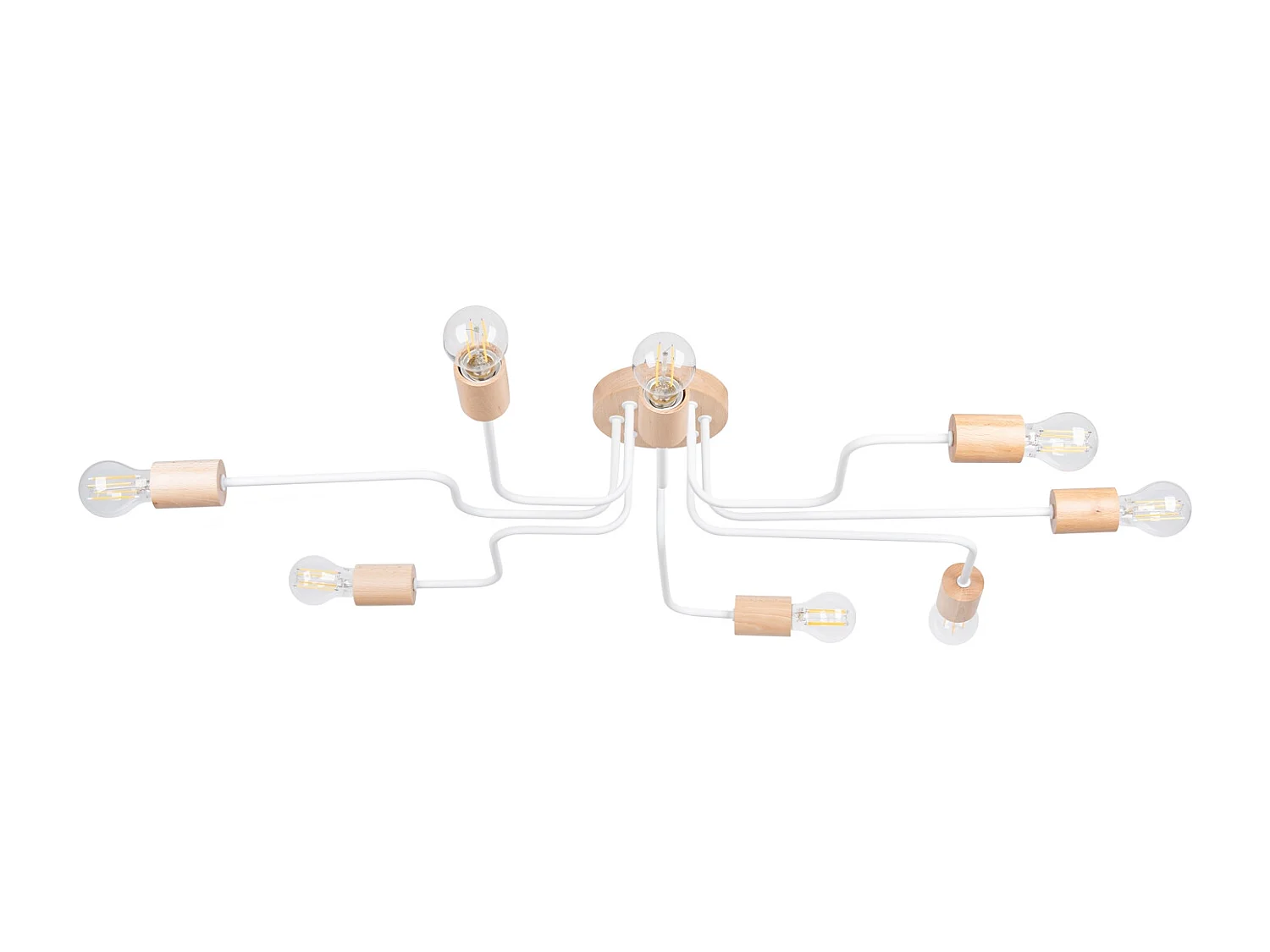 Lustre Zimbo grenier en acier/bois - 8 sources lumineuses 3000K - L.100 x H.16,5 cm - blanc/bois naturel