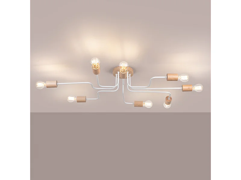 Lámpara de araña Zimbo desván de acero/madera - 8 fuentes luminosas 3000K - L.100 x A.16,5 cm - blanco/madera natural