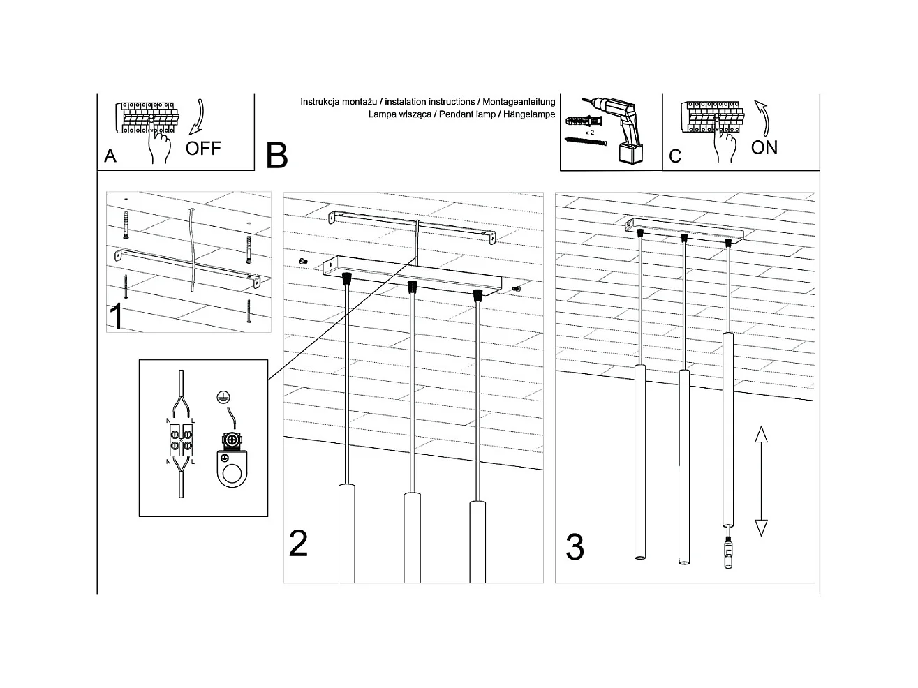 Lampada a sospensione Brill moderno di acciaio - 3 sorgenti luminose 4000K - L.30 x A.94 cm - verde oliva