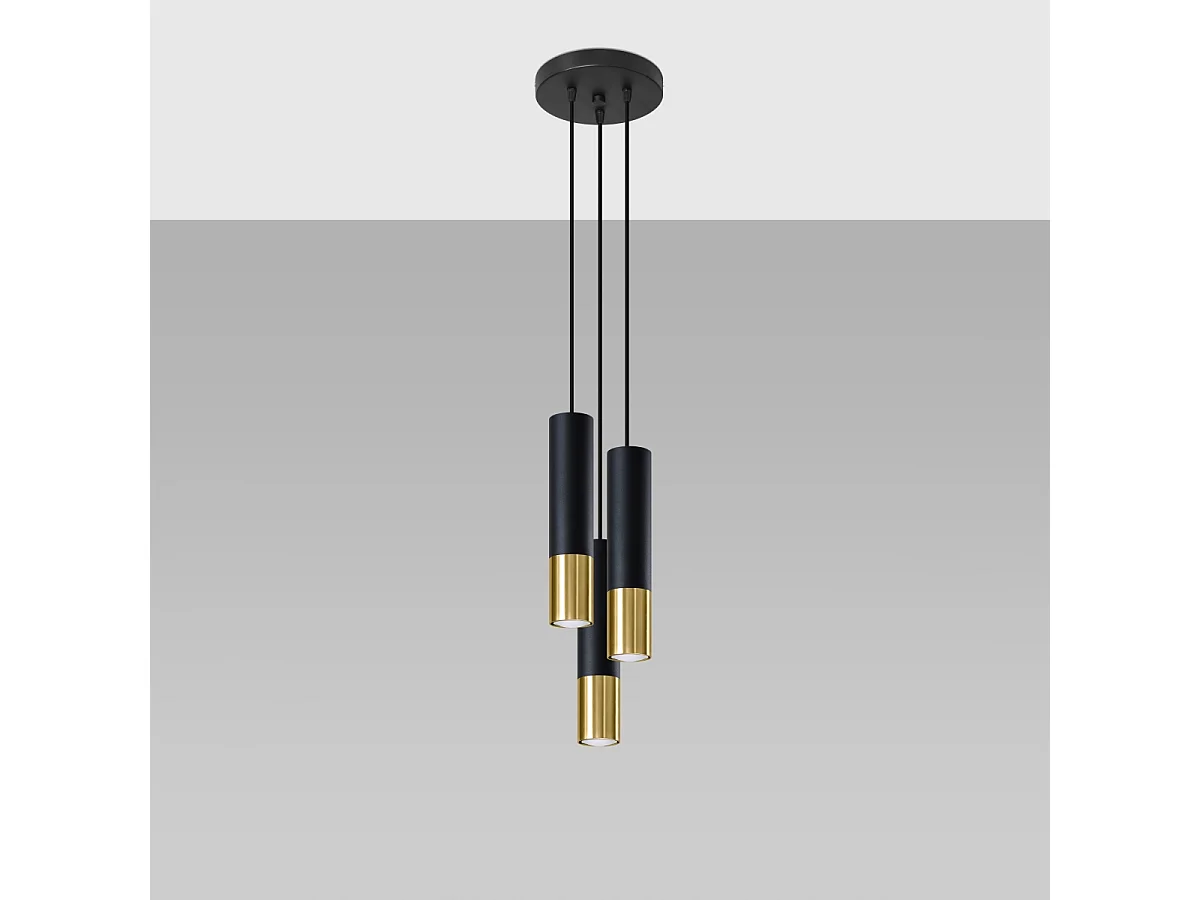 Lampes suspendues Zarpex moderne en acier - 3 sources lumineuses 4000K - L.20 x H.90 cm - or noir
