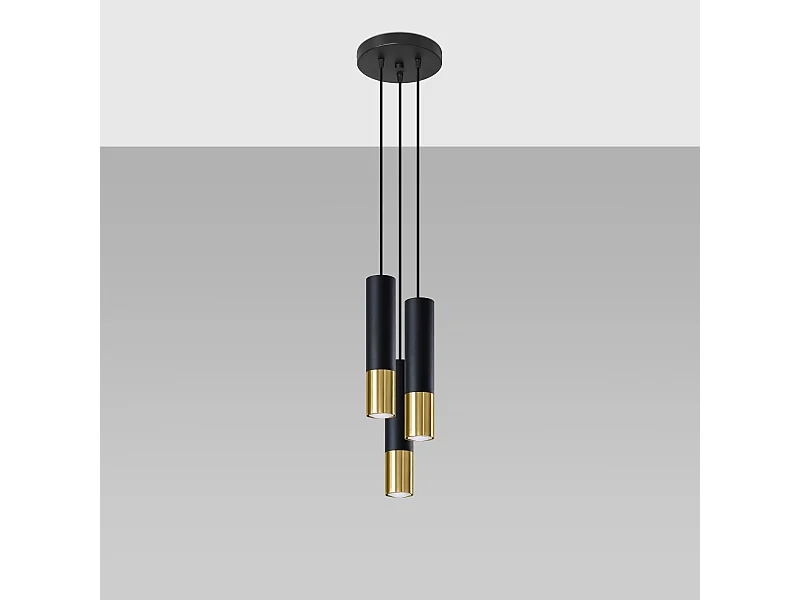 Lampes suspendues Zarpex moderne en acier - 3 sources lumineuses 4000K - L.20 x H.90 cm - or noir