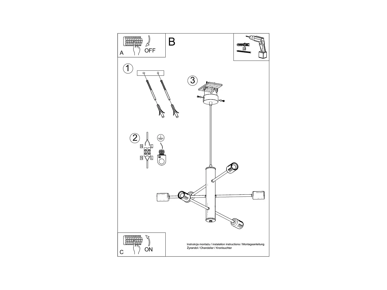 Lustres Luxra sótão, aço - 6 fontes de luz 3000K - L.60 x H.85 cm - preto