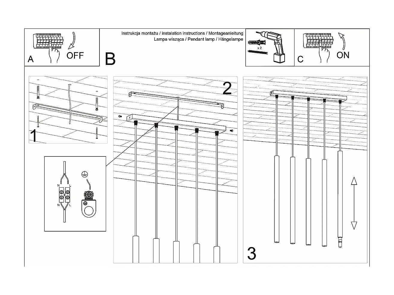 Lampes suspendues Brill moderne en acier - 5 sources lumineuses 4000K - L.45 x H.90 cm - noir