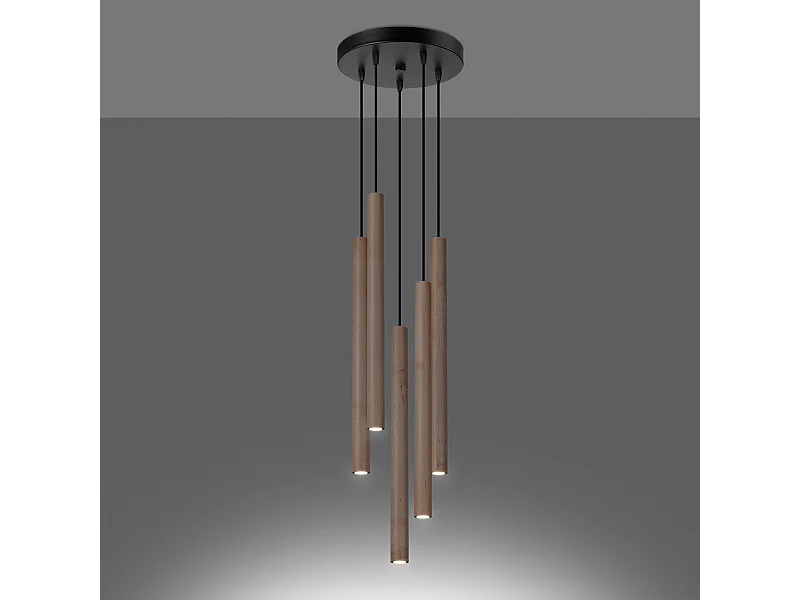 Lampes suspendues Brill moderne en acier/bois - 5 sources lumineuses 3000K - L.25 x H.110 cm - bois