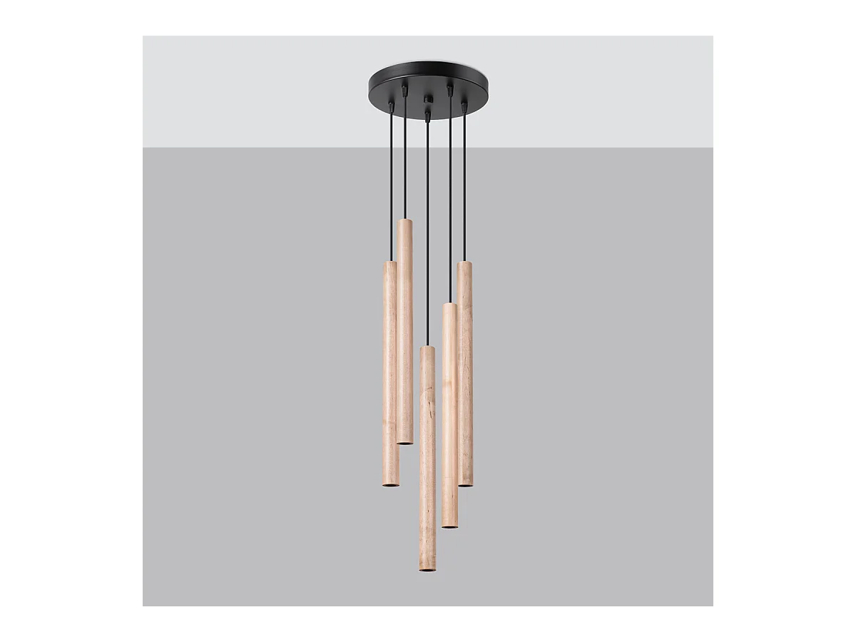 Lampy wiszące nowoczesny Brill, stal/drewno - 5 źródło światła 3000K - L.25 x H.110 cm - drewno