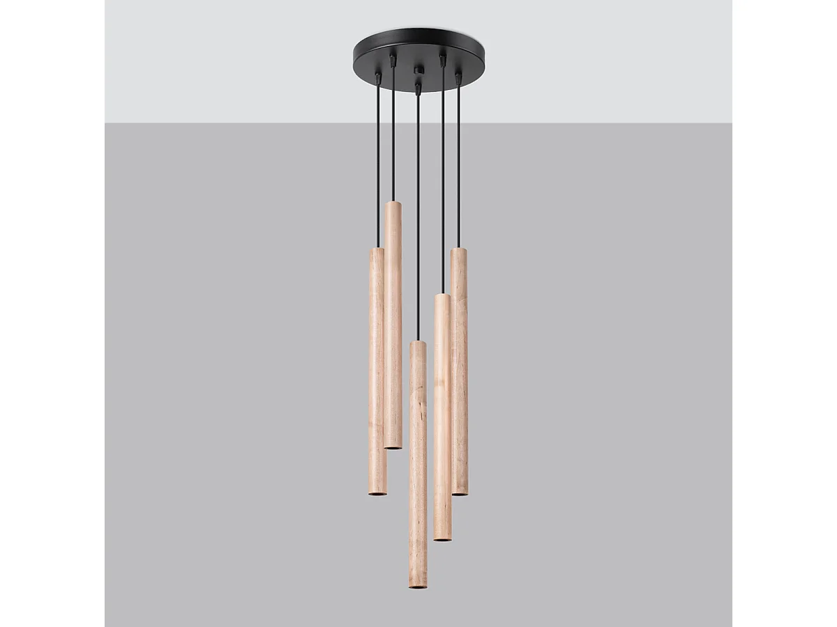 Lampes suspendues Brill moderne en acier/bois - 5 sources lumineuses 3000K - L.25 x H.110 cm - bois
