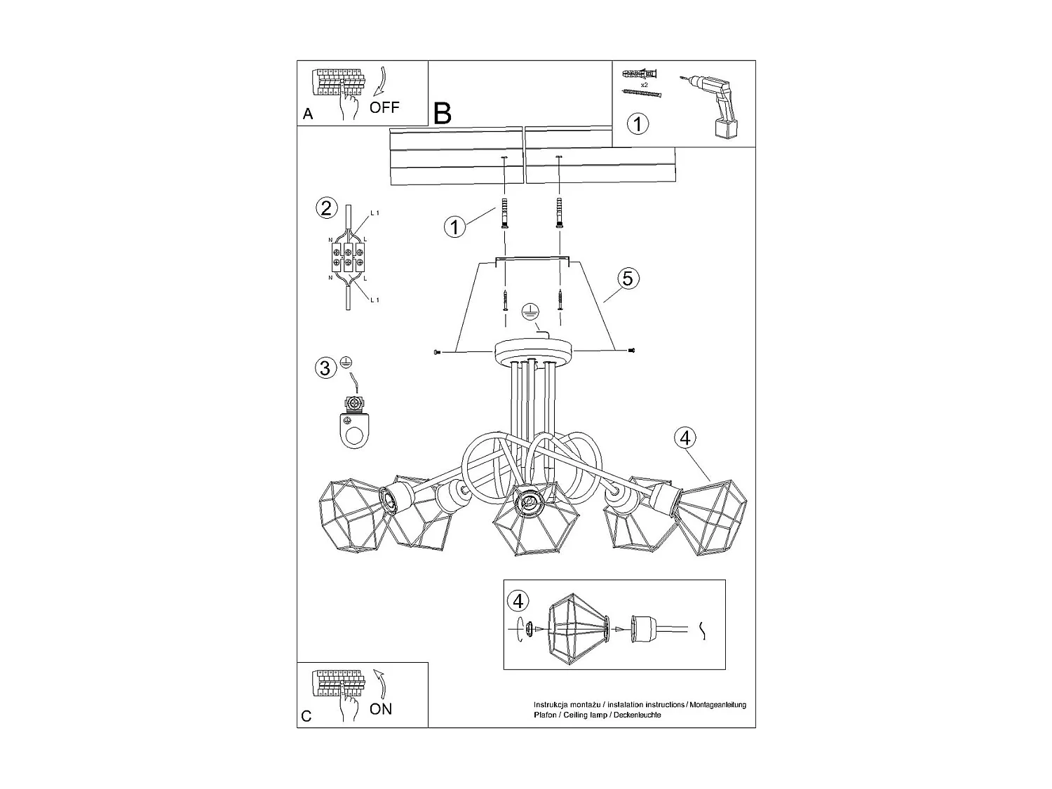 Kroonluchters Lunova modern van  - 5 lichtbronnen 3000K - L.58 x H.28,5 cm - zwart