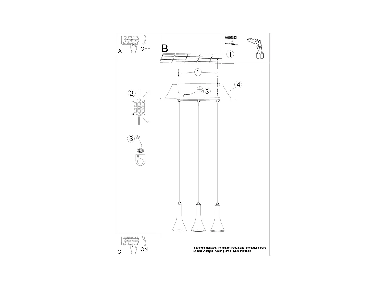 Lampes suspendues Lum moderne en béton - 3 sources lumineuses 3000K - L.46 x H.110 cm - gris