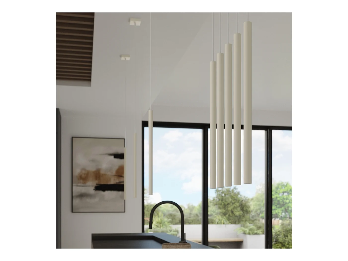 Lampada a sospensione Brill moderno di acciaio - 3 sorgenti luminose 3000K - L.30 x A.94 cm - beige