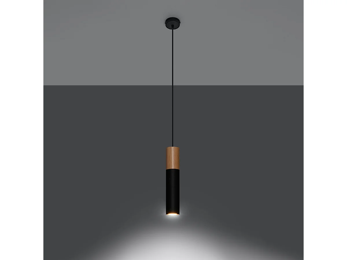 Lampes suspendues Poblano moderne en acier/bois - 1 sources lumineuses 3000K - L.8 x H.105 cm - bois naturel/noir