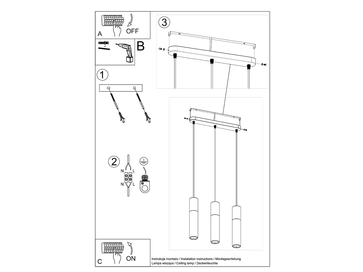 Lampes suspendues Lume moderne en acier/béton - 3 sources lumineuses 3000K - L.45 x H.90 cm - blanc/gris