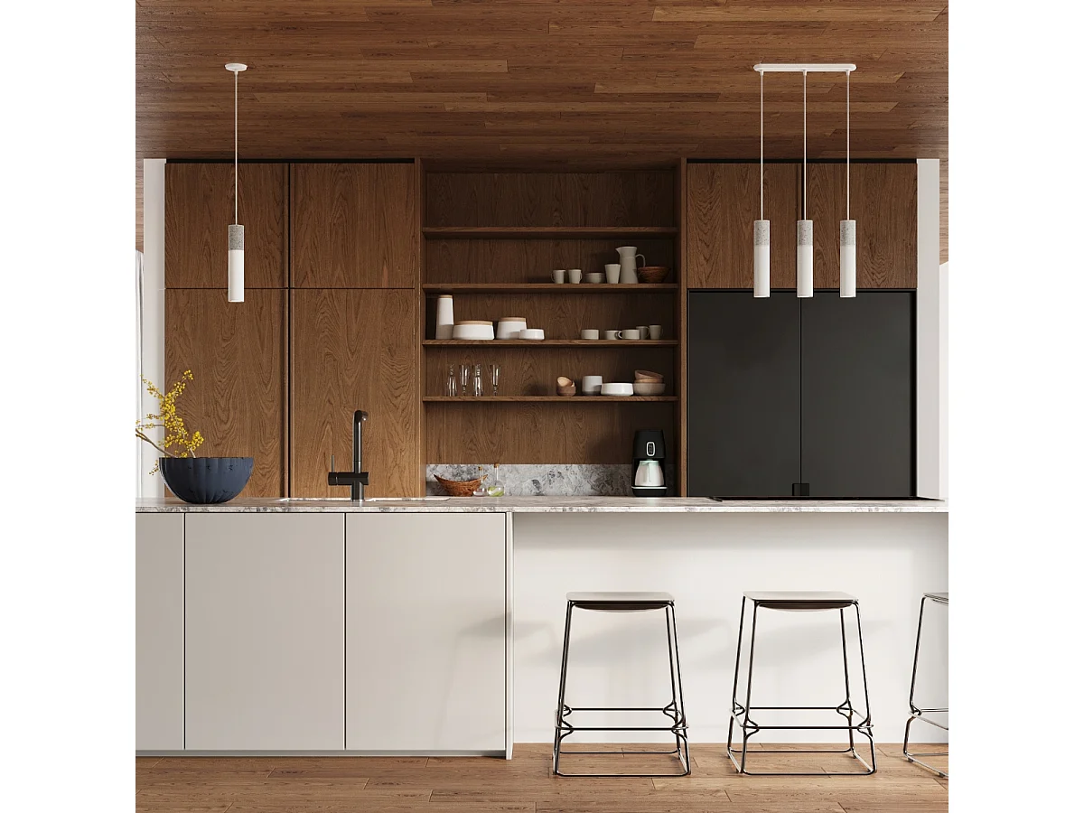 Lampes suspendues Lume moderne en acier/béton - 3 sources lumineuses 3000K - L.45 x H.90 cm - blanc/gris