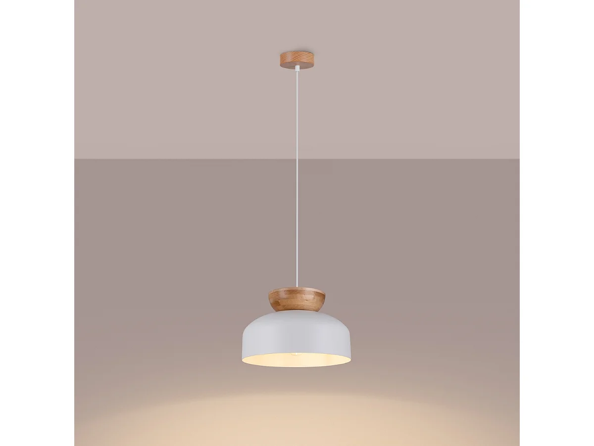 Pendentif Zeleron scandinave en bois/acier - 1 sources lumineuses 3000K - L.29,5 x H.130 cm - blanc/bois naturel
