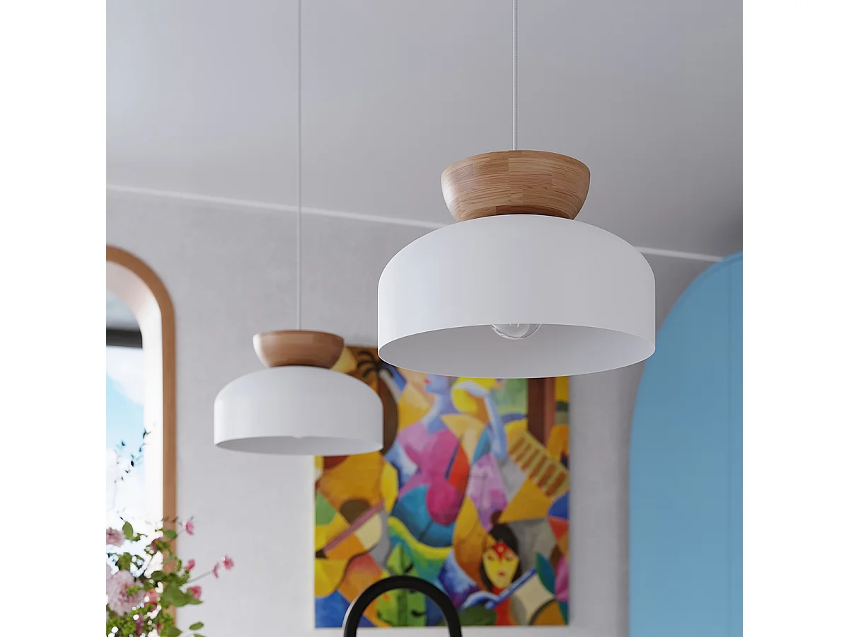 Pendentif Zeleron scandinave en bois/acier - 1 sources lumineuses 3000K - L.29,5 x H.130 cm - blanc/bois naturel