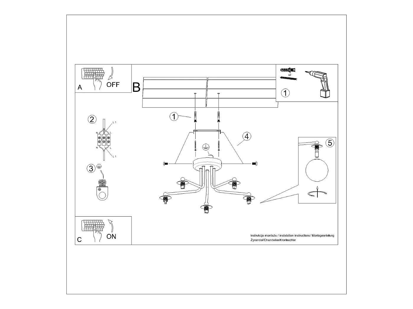 Lustre Bealy minimaliste en acier/verre - 5 sources lumineuses 4000K - L.58 x H.29 cm - blanc