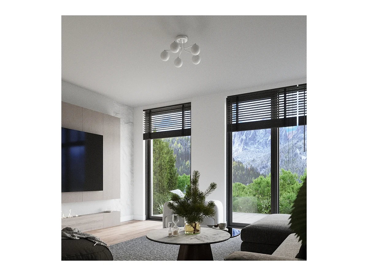 Lustre Bealy minimaliste en acier/verre - 5 sources lumineuses 4000K - L.58 x H.29 cm - blanc