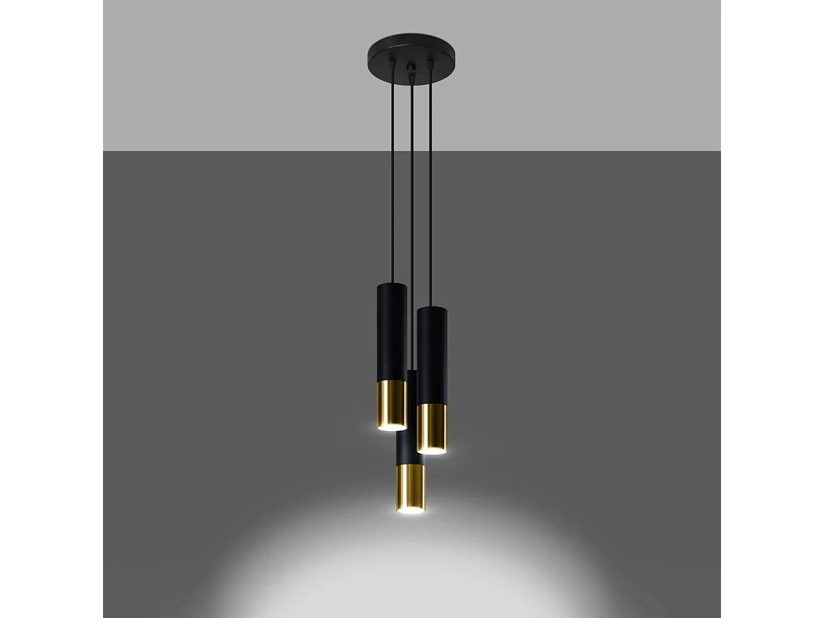 Lampes suspendues Zarpex moderne en acier - 3 sources lumineuses 3000K - L.20 x H.90 cm - or noir