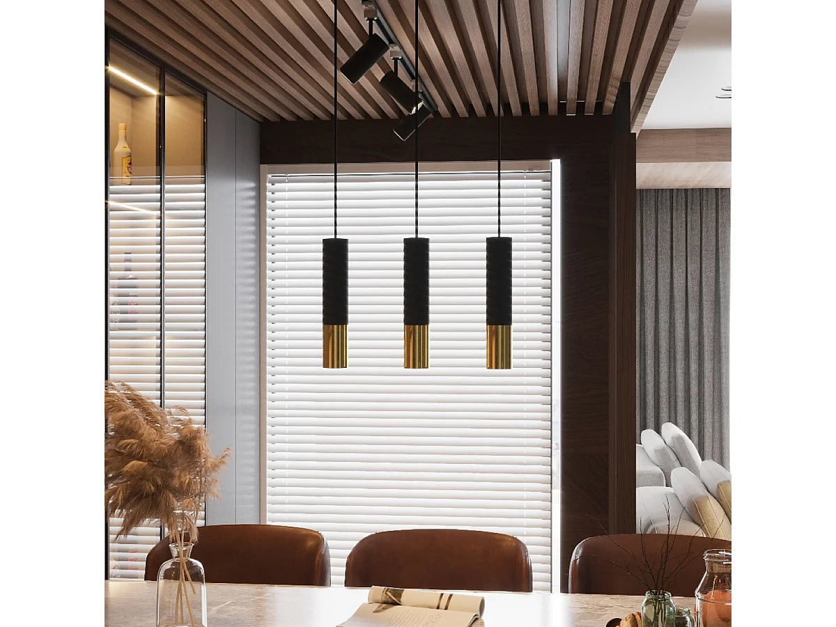 Luminárias pendentes Zarpex moderno, aço - 3 fontes de luz 3000K - L.20 x H.90 cm - ouro Preto